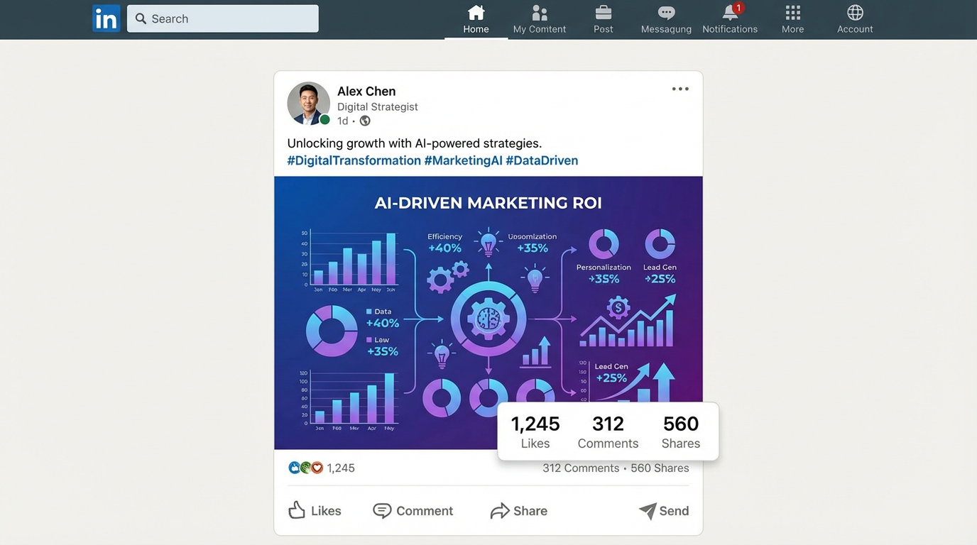 LinkedIn professional post with AI-generated business infographic and data visualization