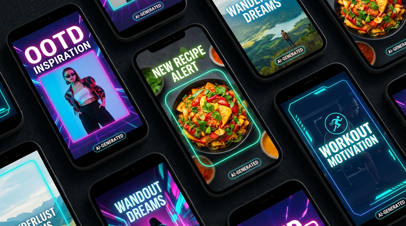 Collection of AI-generated Instagram story templates in various styles displayed on smartphones