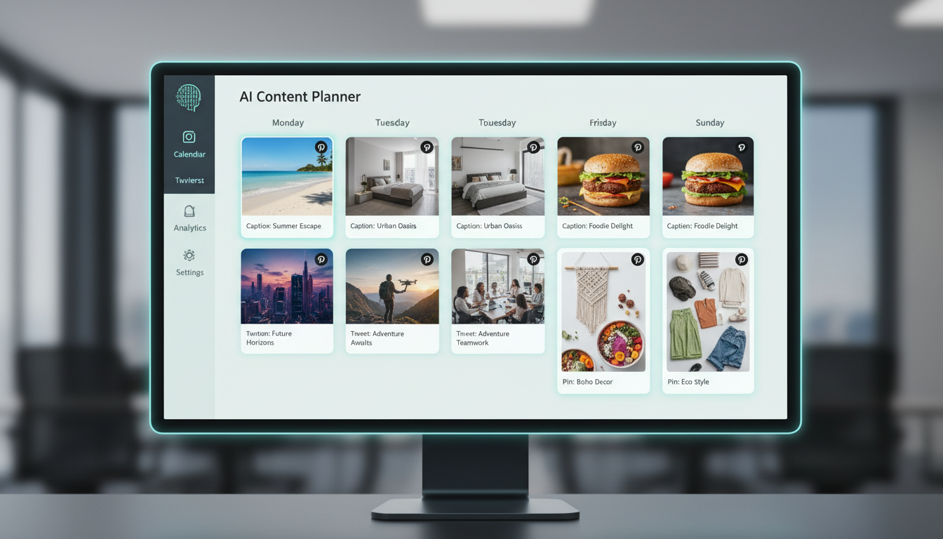 Social media content calendar dashboard with AI-generated images for multiple platforms