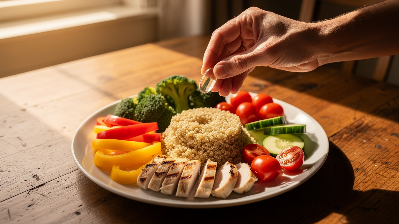 Person taking supplement capsule with nutritious meal