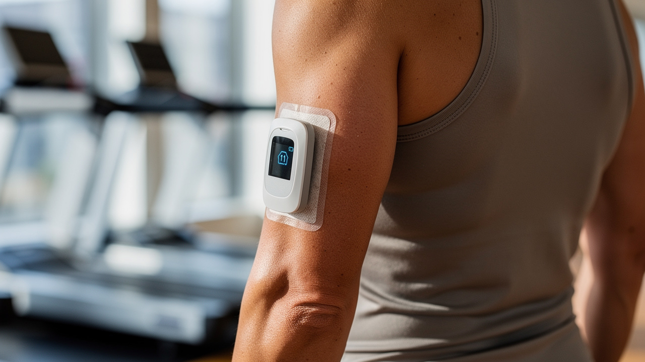 Continuous glucose monitor on athlete's arm for tracking