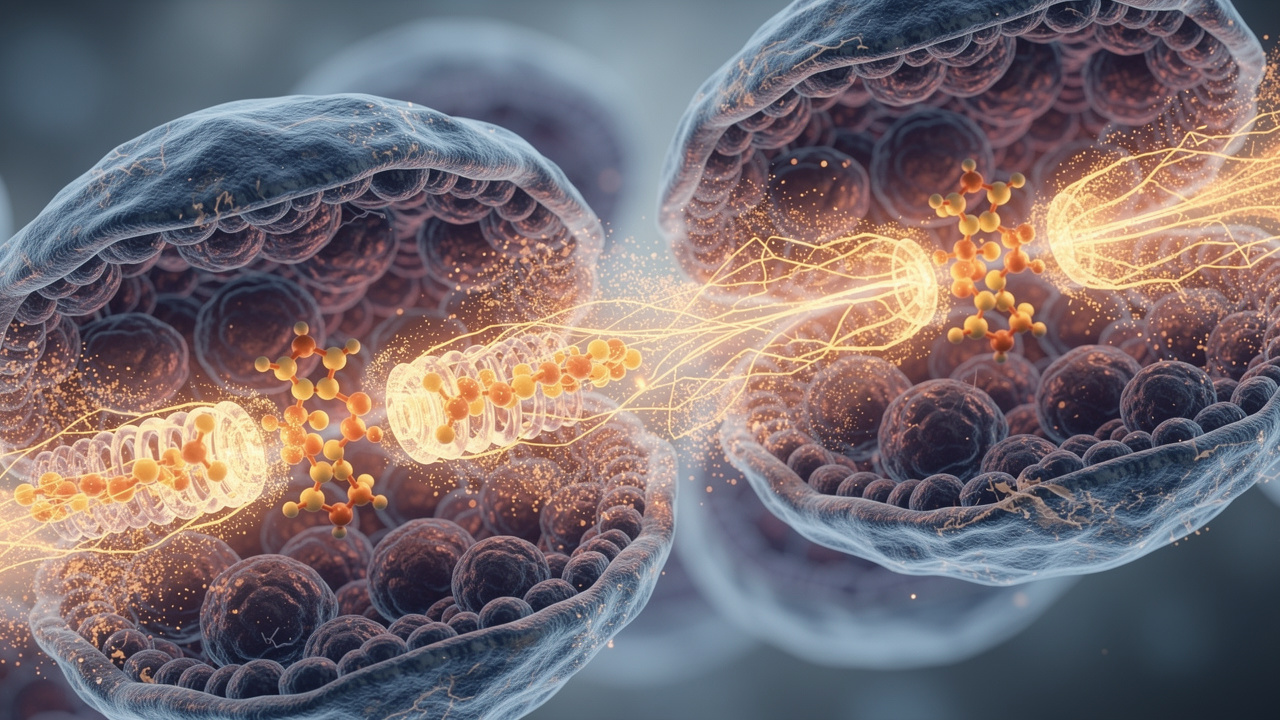 Cellular metabolism showing glucose transport and energy pathways