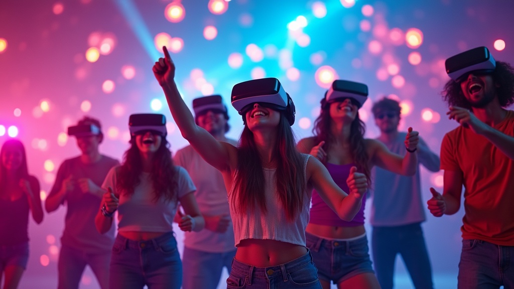 Grupo de amigos disfrutando de realidad virtual en Barcelona