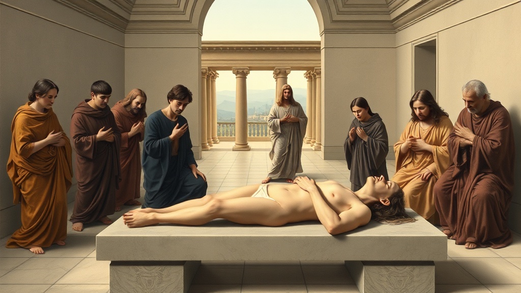 A solemn, allegorical religious scene in the style of Leonardo da Vinci evoking sudden loss and consolation