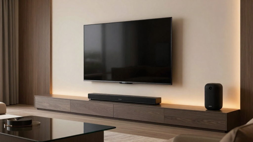 Modern living room with new OLED TV, sleek soundbar, smart speaker.