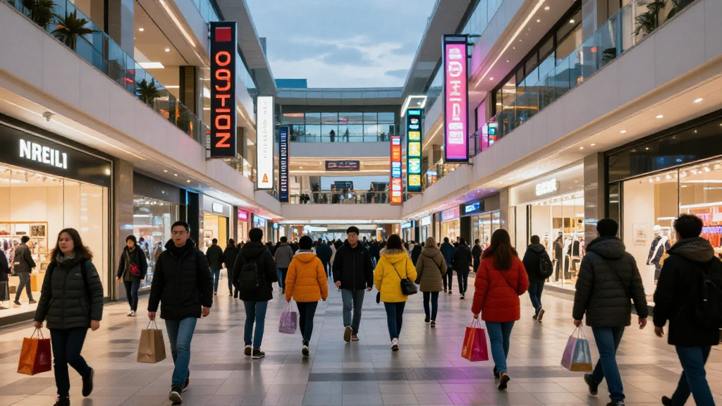 Bustling shopping mall at dusk, neon signs glowing, shoppers in winter coats clutching bags.