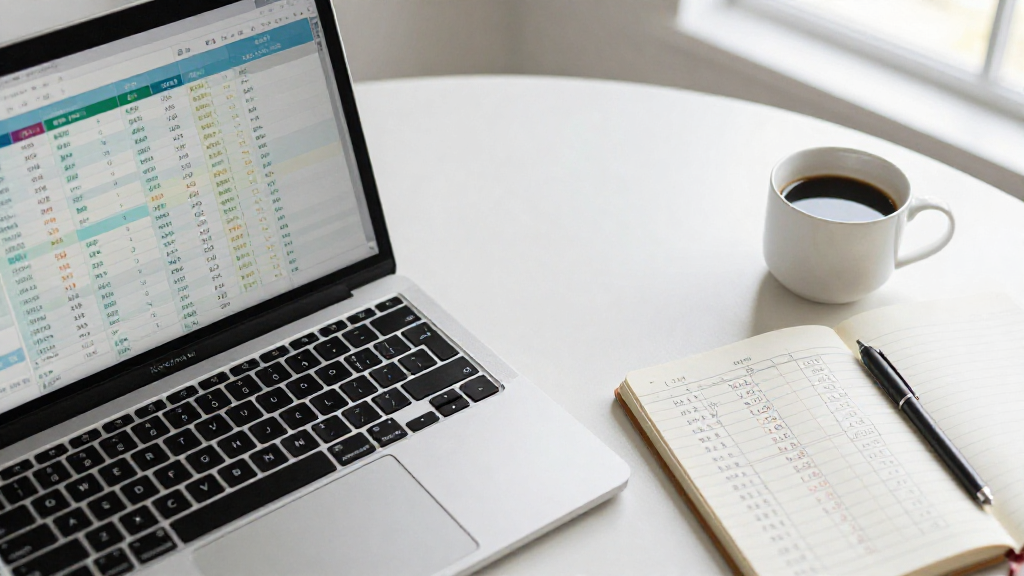 Price‑tracking dashboard on a laptop, notebook with hand‑drawn charts, coffee cup.