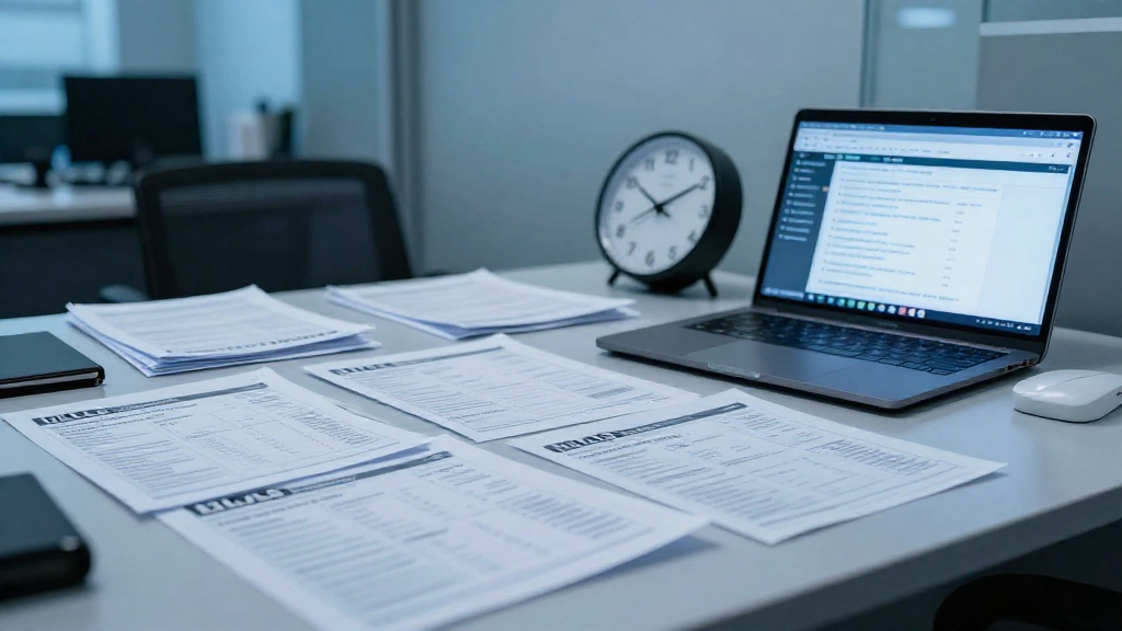 Real‑estate office with printed MLS sheets and a slow‑loading listing