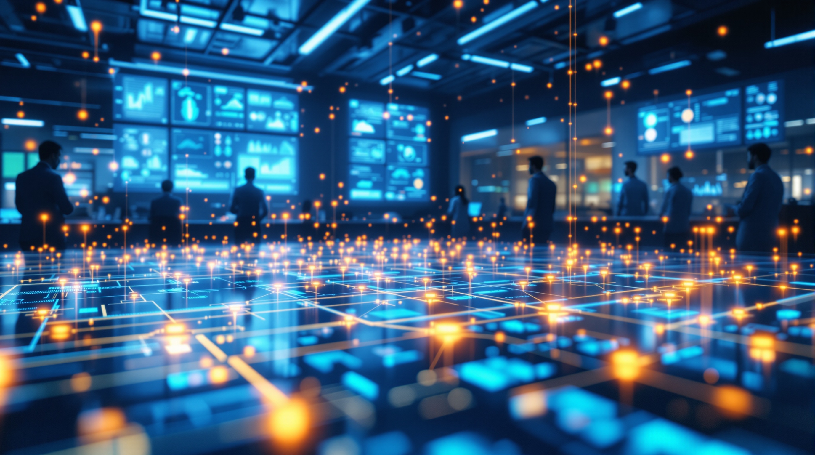 Visualization of AI model training with neural nodes, data streams, and developers analyzing holographic screens