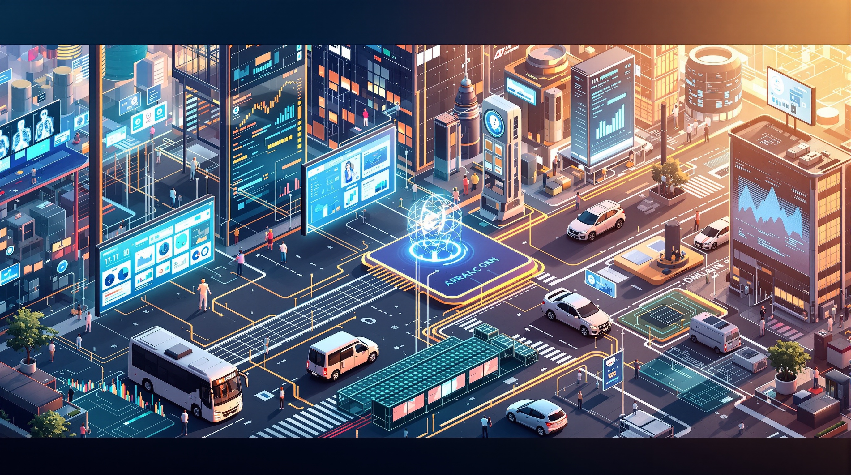 Composite infographic showing real-world AI applications in healthcare, finance, transportation, and e-commerce