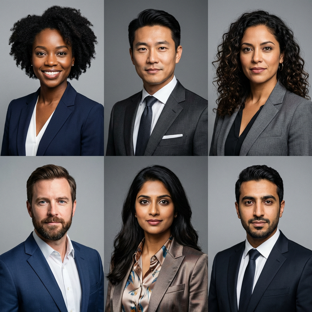 Grid of professional AI-generated business headshots with studio lighting and neutral backgrounds