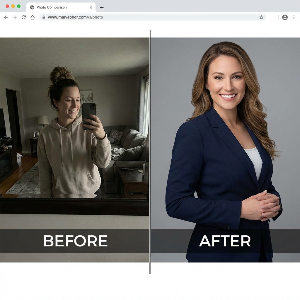 Before casual selfie and after professional AI headshot comparison side by side