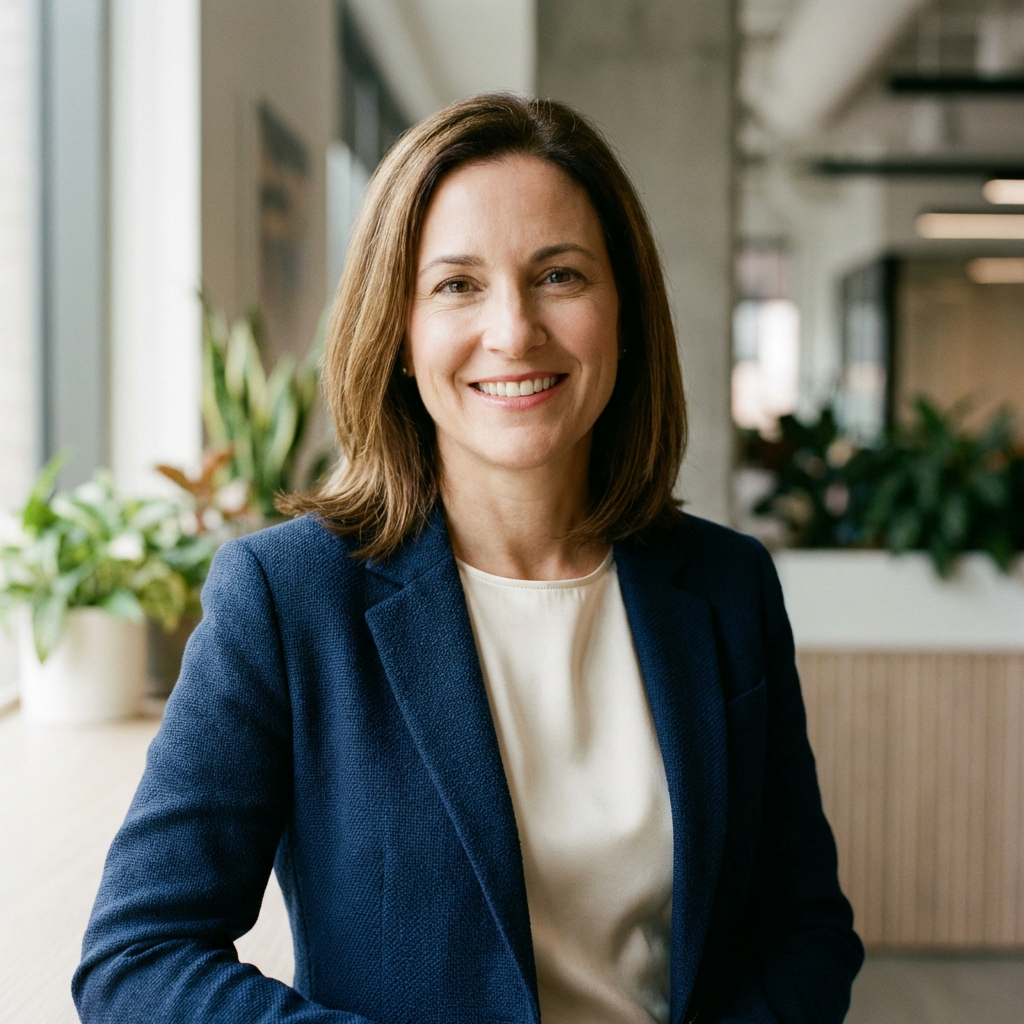 Professional LinkedIn headshot of a businesswoman with warm office background lighting