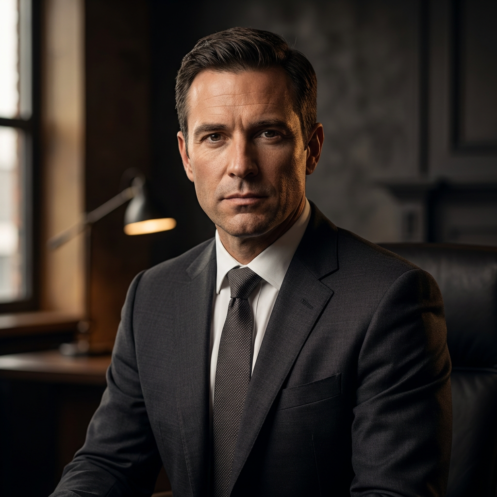 Executive corporate headshot portrait with dramatic cinematic lighting and dark background