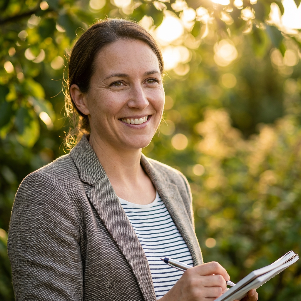 Modern creative headshot portrait with warm natural lighting and soft bokeh background