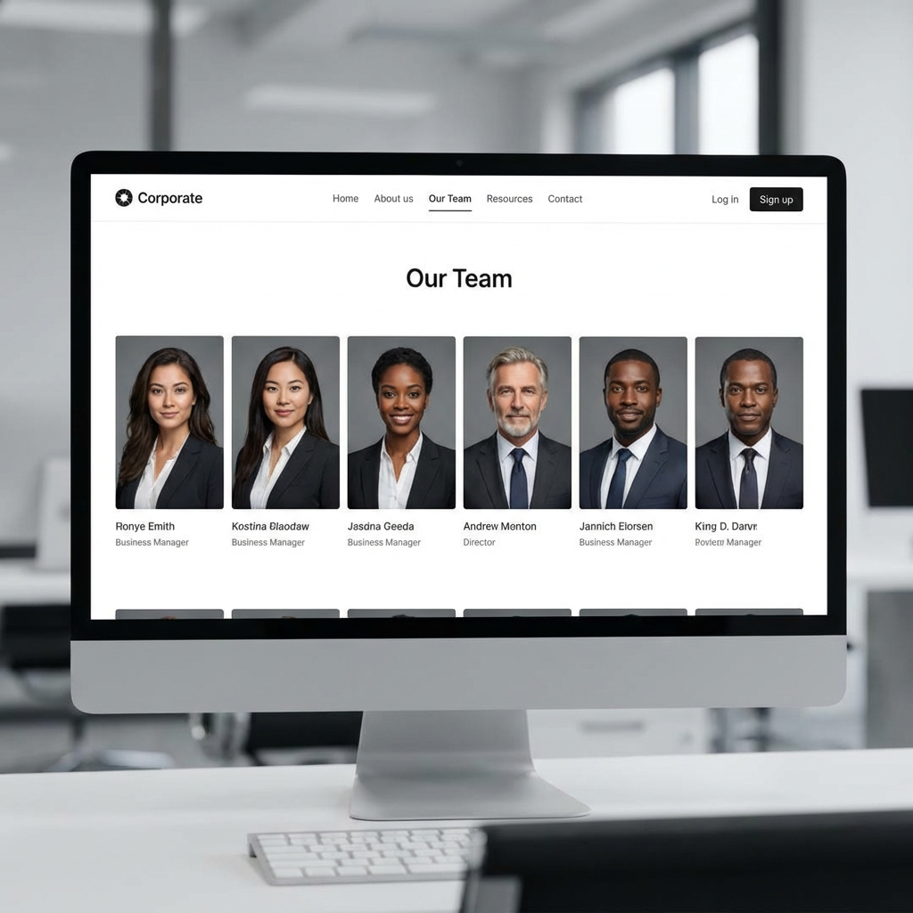Corporate team page with consistent AI-generated professional headshots in matching style