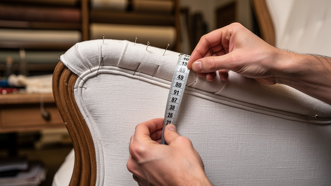 Craftsperson measuring fabric for bespoke loose covers