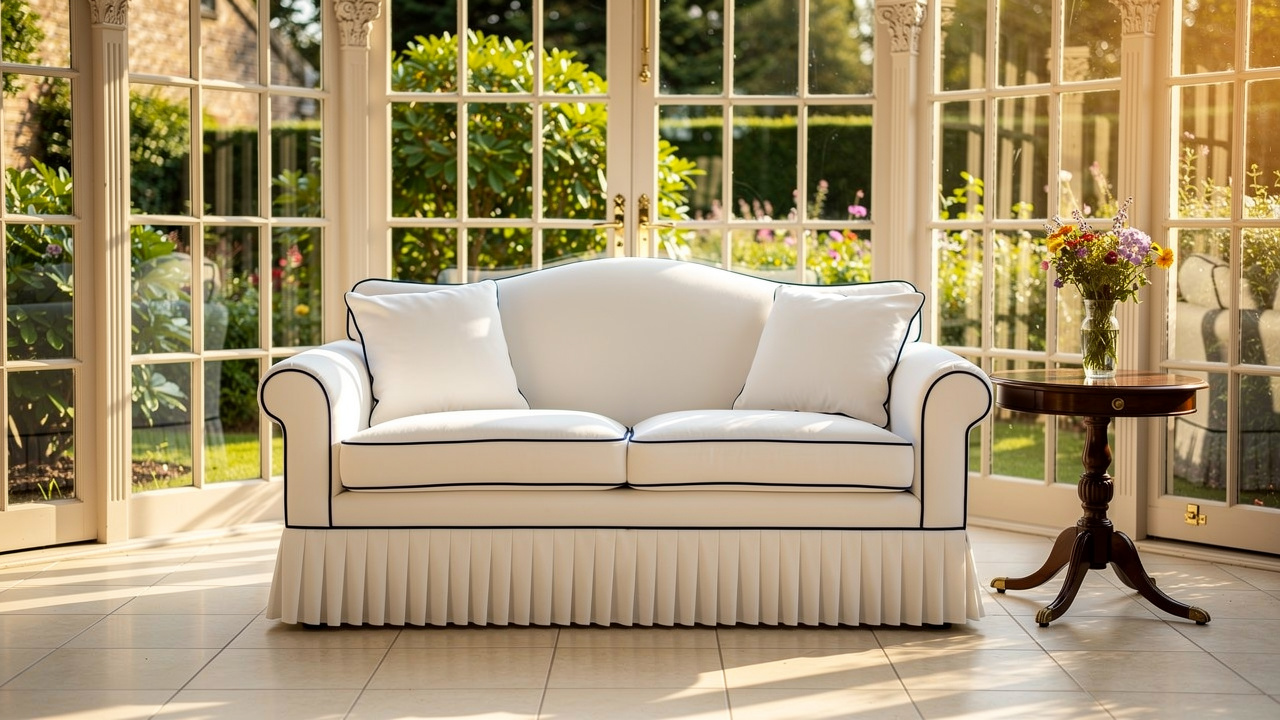 Sofa with pleated valance and contrast piping detail