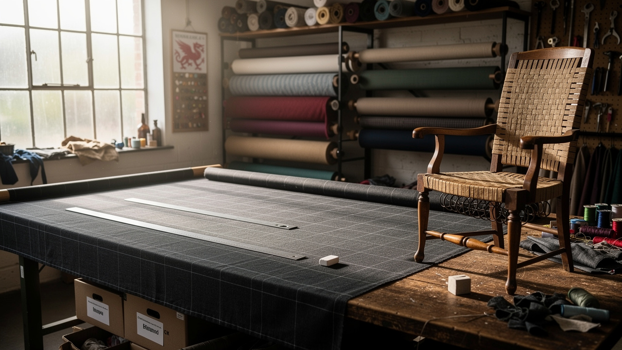 Traditional upholstery workshop with fabric cutting in progress