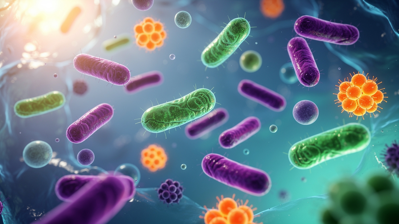 Diverse gut microbiome bacteria under microscopic view