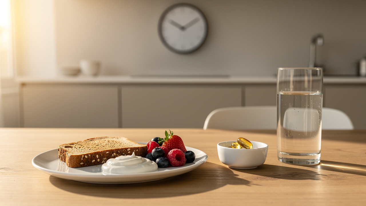 Berberine capsules beside healthy breakfast meal