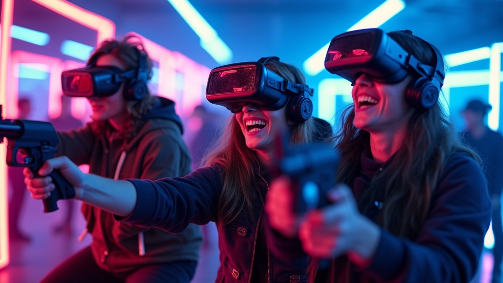 Jugadores disfrutando de Smash Point en Virtua Barcelona con equipamiento completo de realidad virtual