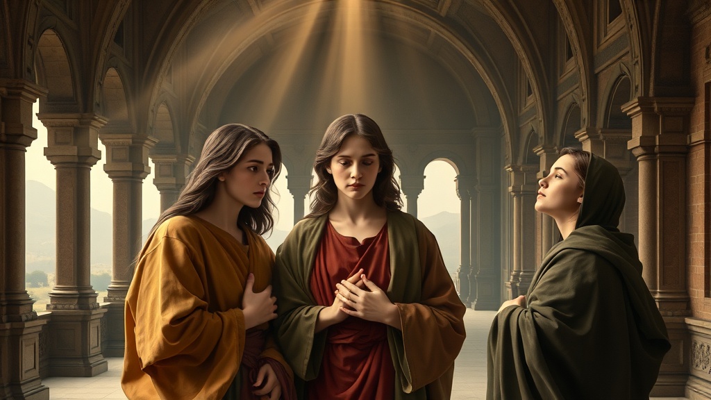 Renaissance-style allegory of three young people illuminated by a single shaft of light
