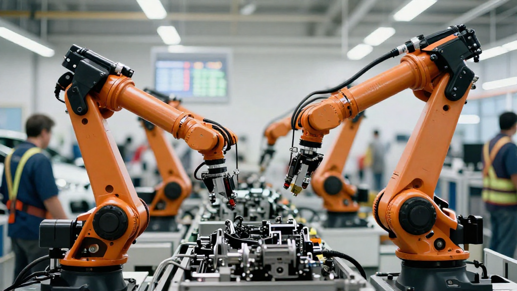 Manufacturing floor with robotic arms and real‑time inventory display