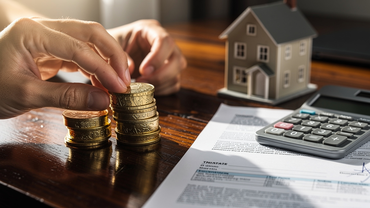 Hands stacking coins next to miniature house representing deposit savings