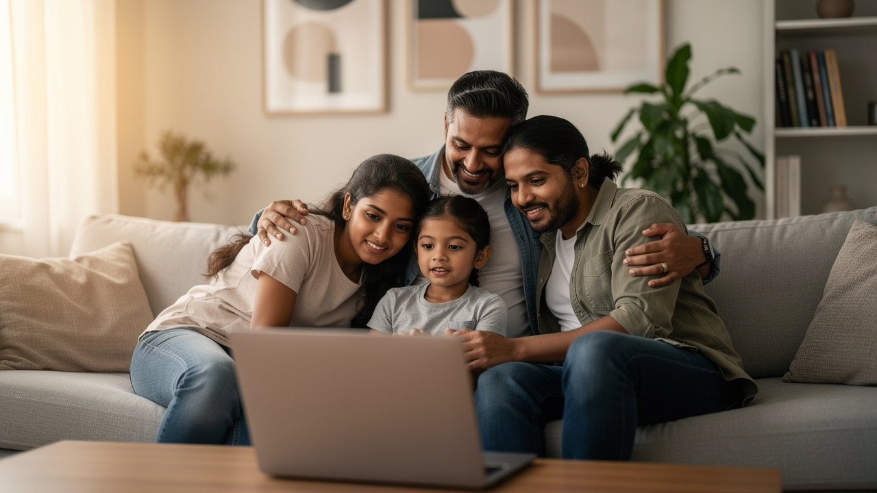 Family reviewing home loan options together on laptop at home