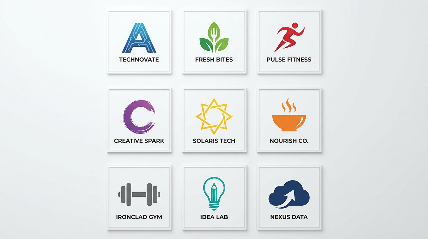 Collection of AI-generated professional logos in different styles for tech, food, fitness, and creative industries