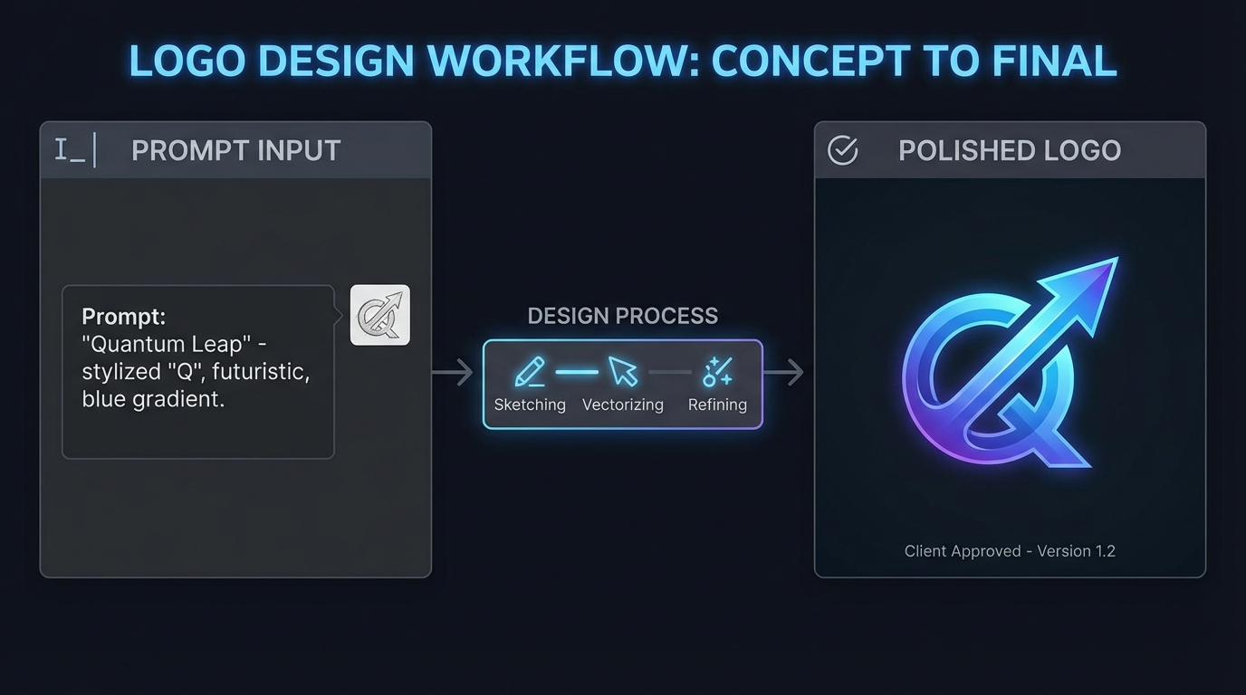 Logo design process from text prompt to polished professional logo on modern dark UI interface