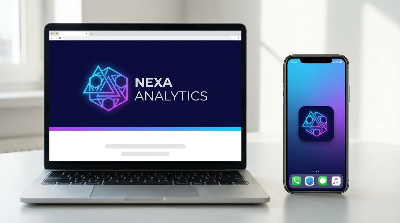 Modern tech startup logo with geometric abstract mark and gradient colors on laptop and mobile