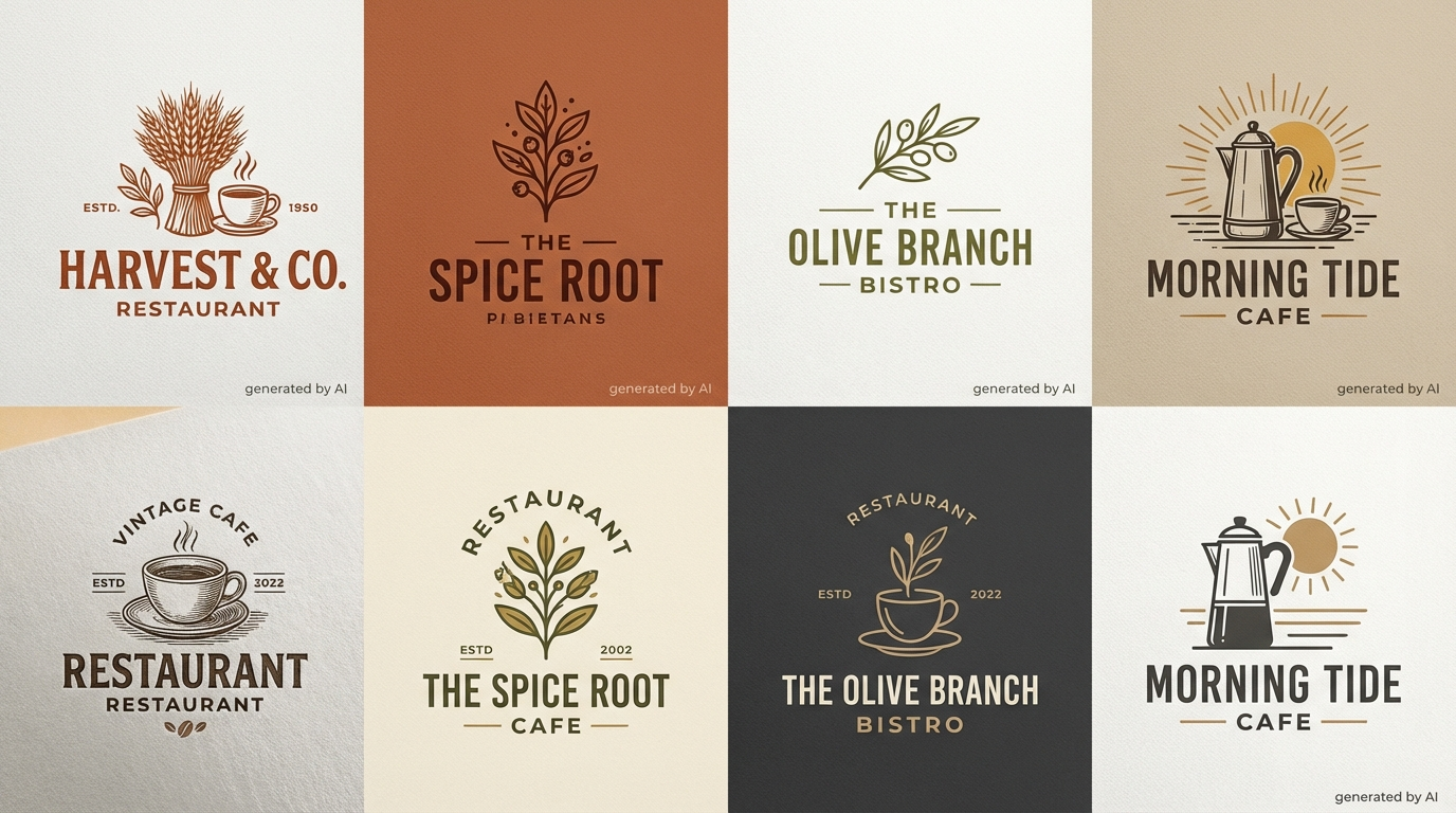 Restaurant and cafe logo collection with elegant typography and warm earthy color schemes
