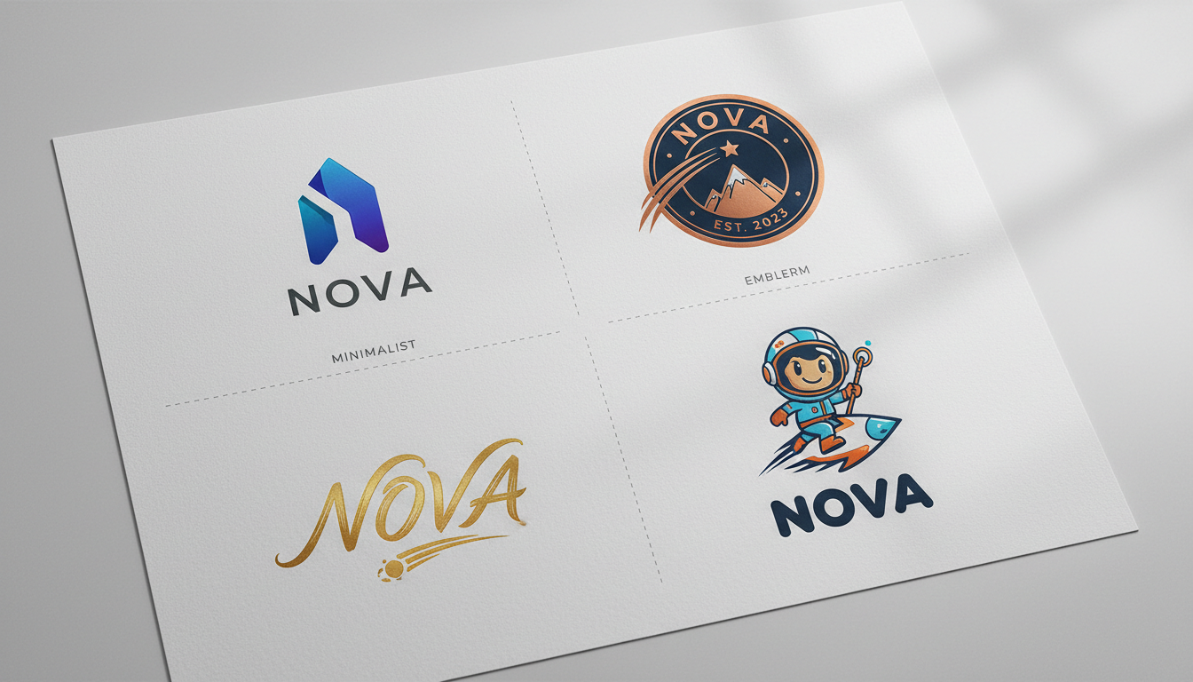 AI-generated logo variations showing minimalist, emblem, wordmark, and mascot versions of a brand