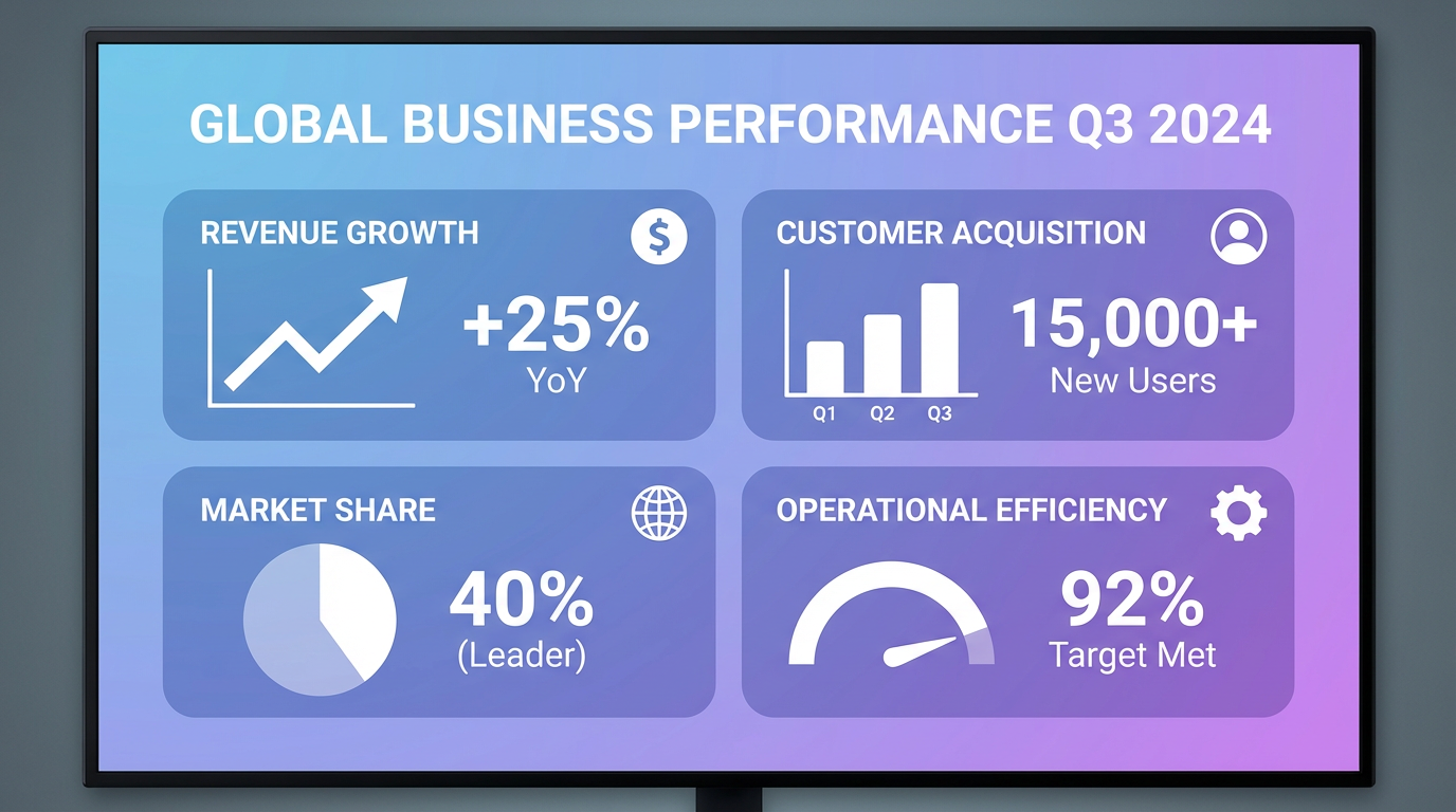 Professional infographic with business statistics and data charts in modern flat design with blue and purple gradient