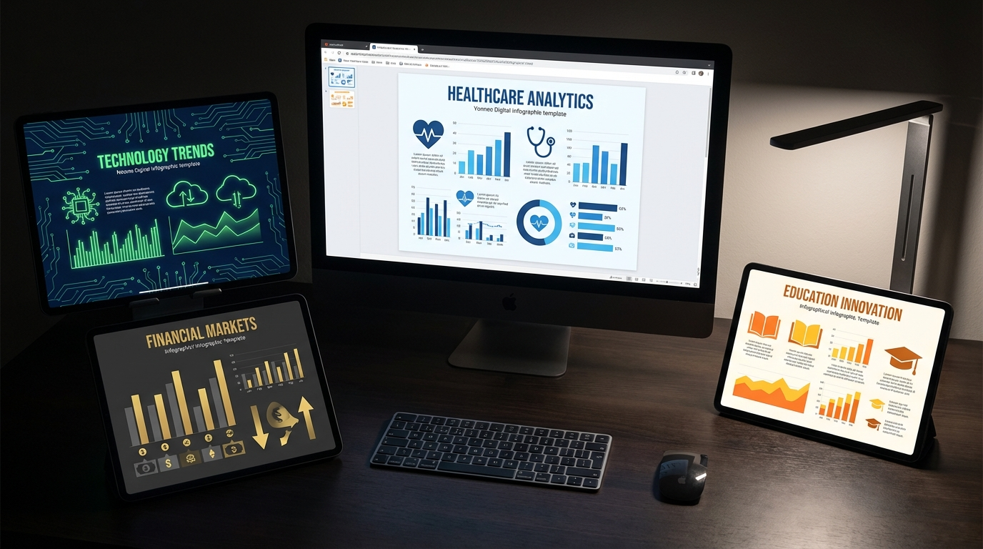 Multiple infographic template styles for healthcare, technology, finance, and education industries