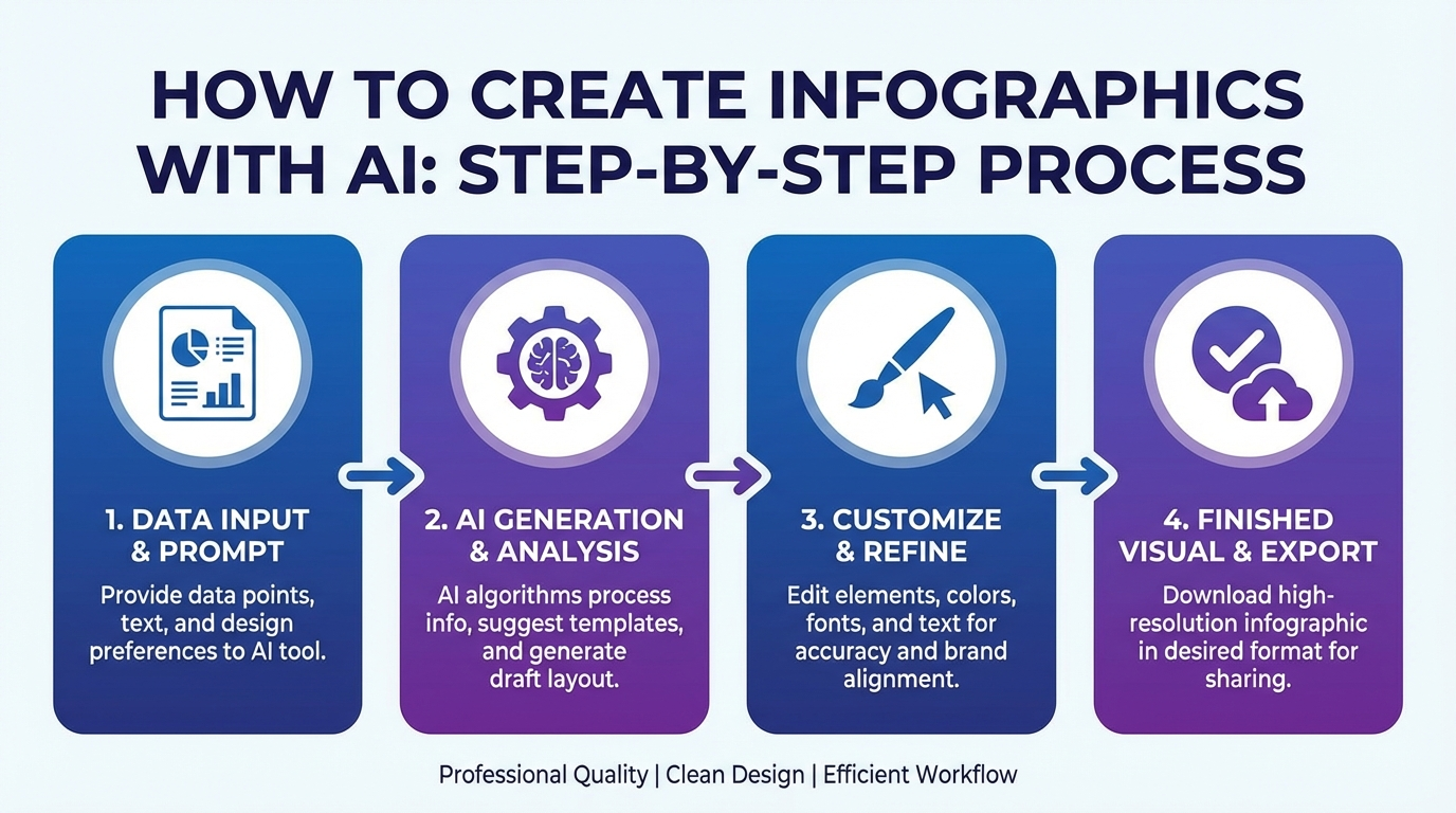 Step-by-step process infographic showing how to create infographics with AI from data to finished visual