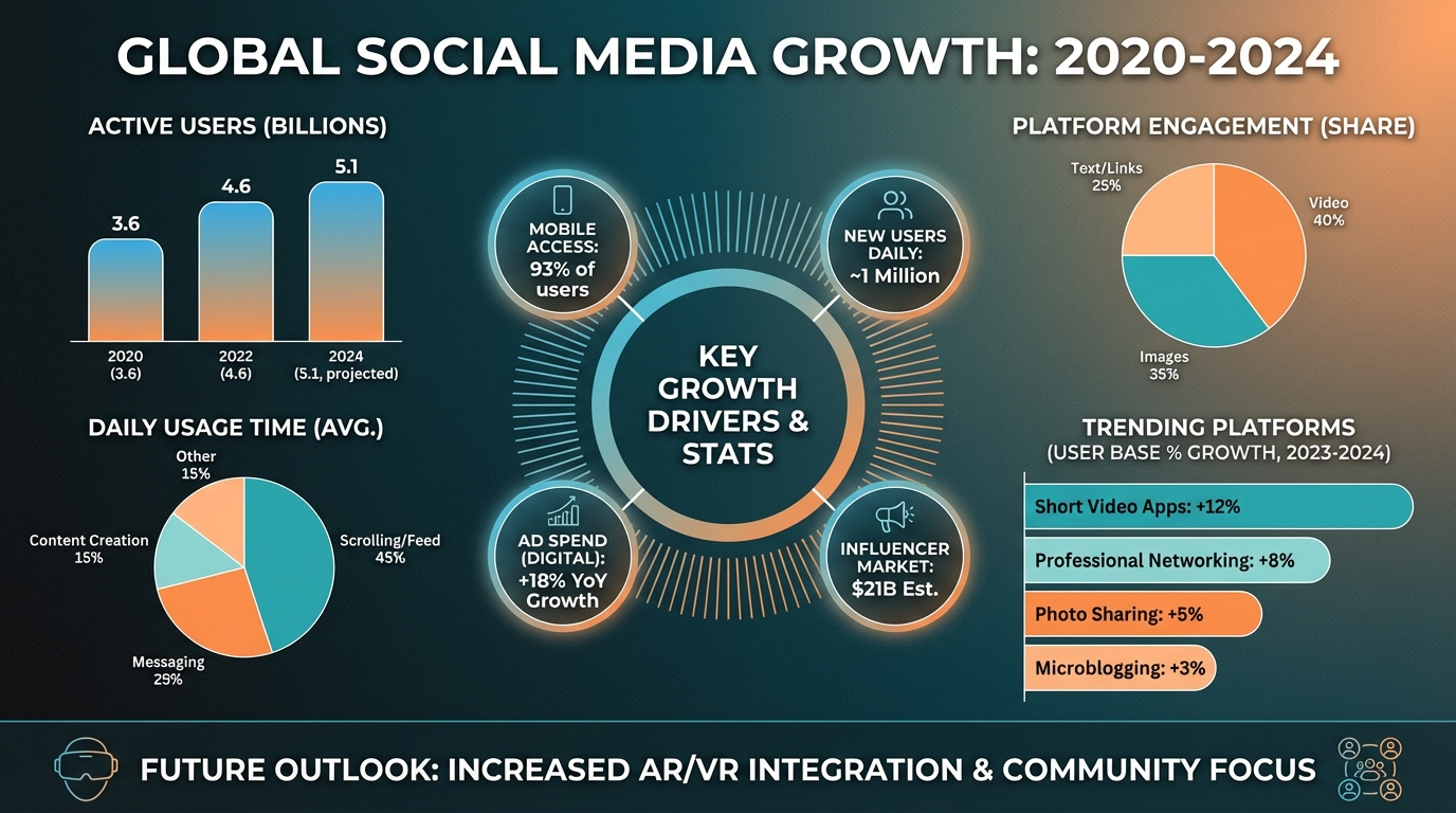 AI-generated marketing infographic with pie charts, bar graphs, and social media growth statistics