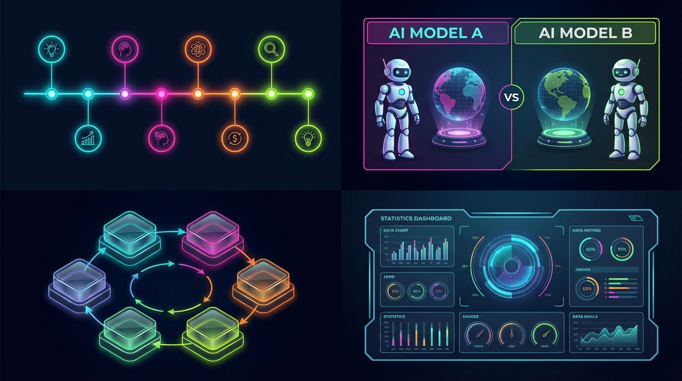 Collection of AI-generated infographic elements including timeline, comparison chart, and statistics dashboard