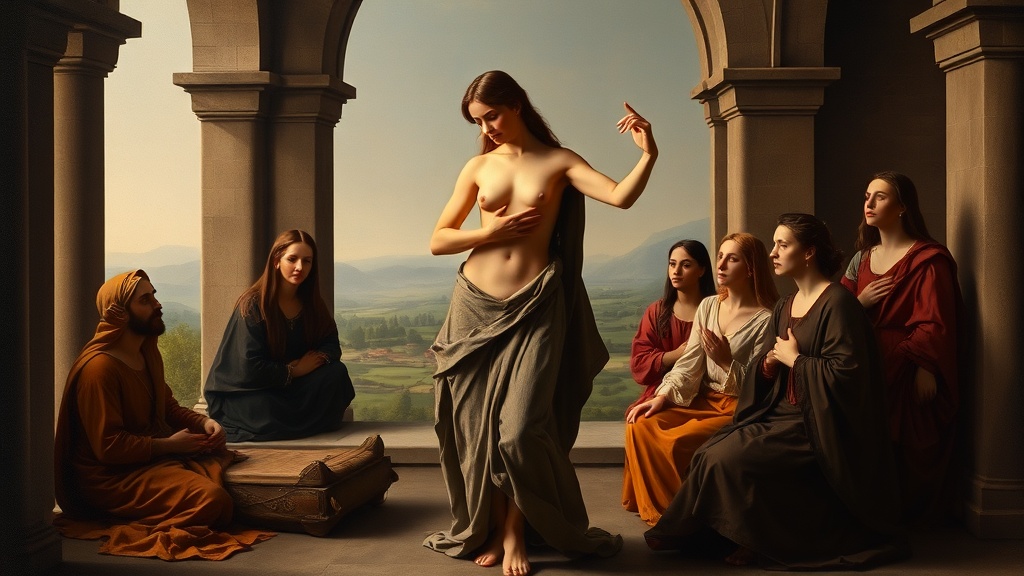 Renaissance style scene of a dancer offering her gift