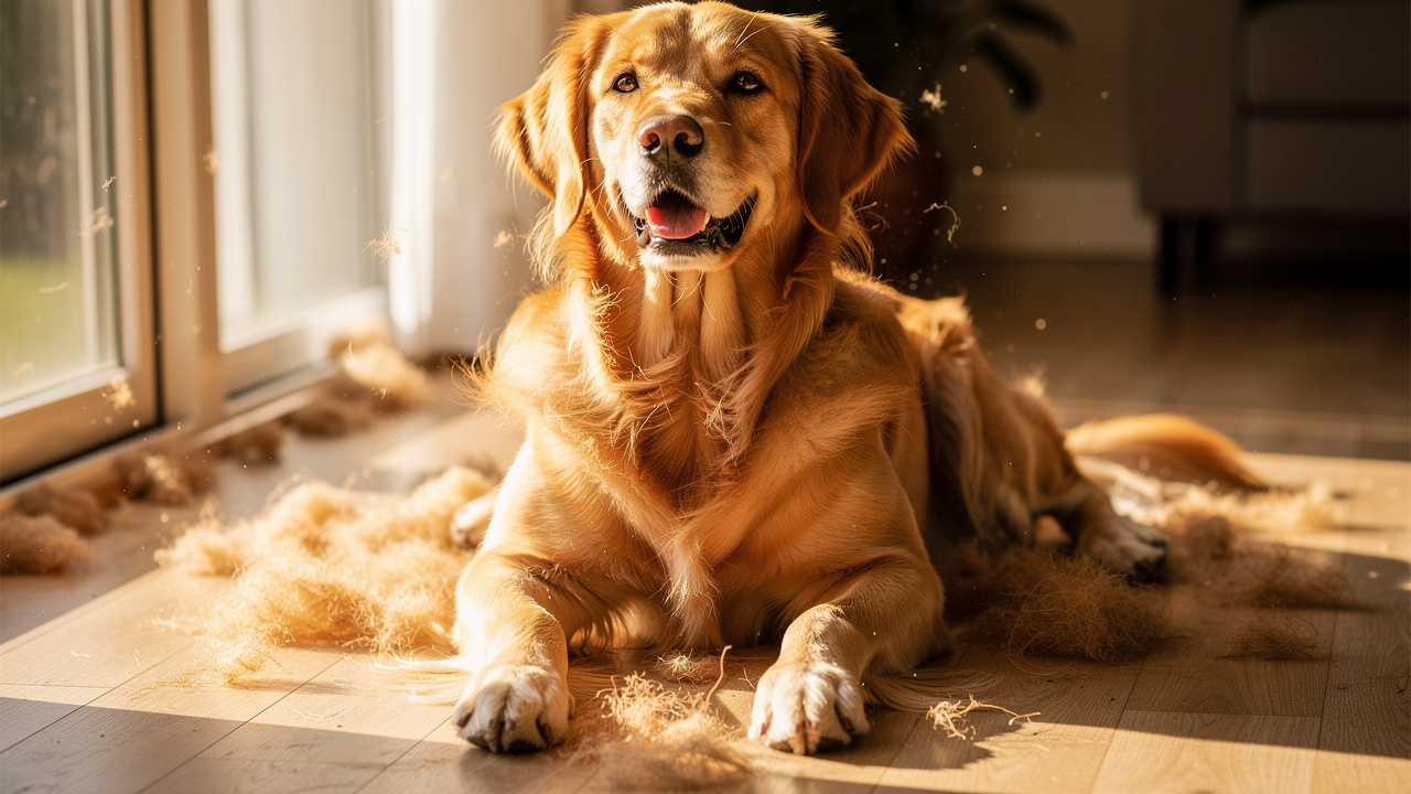 Dog on hardwood floor showing pet dander