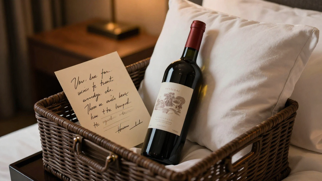 Luxury hotel room with a personalized welcome basket, handwritten note, and favorite wine
