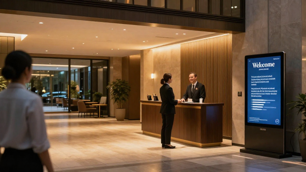 Modern hotel lobby with concierge greeting a guest and a digital welcome display