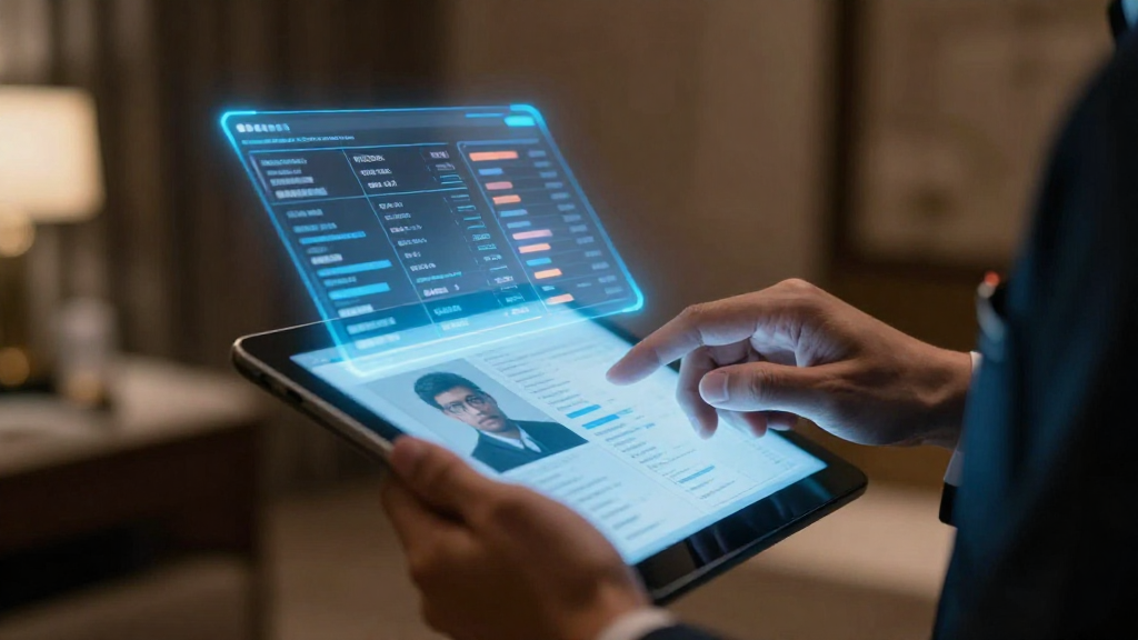Staff member using a tablet to view a guest’s digital profile with holographic data overlay