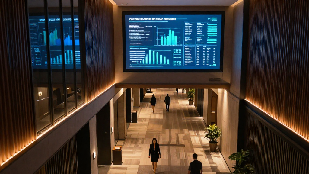 Aerial view of a bustling hotel corridor with data‑driven analytics displayed on a screen