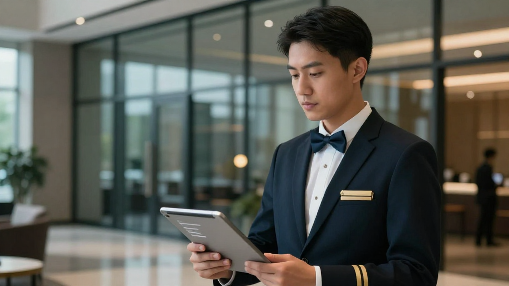Concierge holding a tablet with a guest profile in a sleek lobby