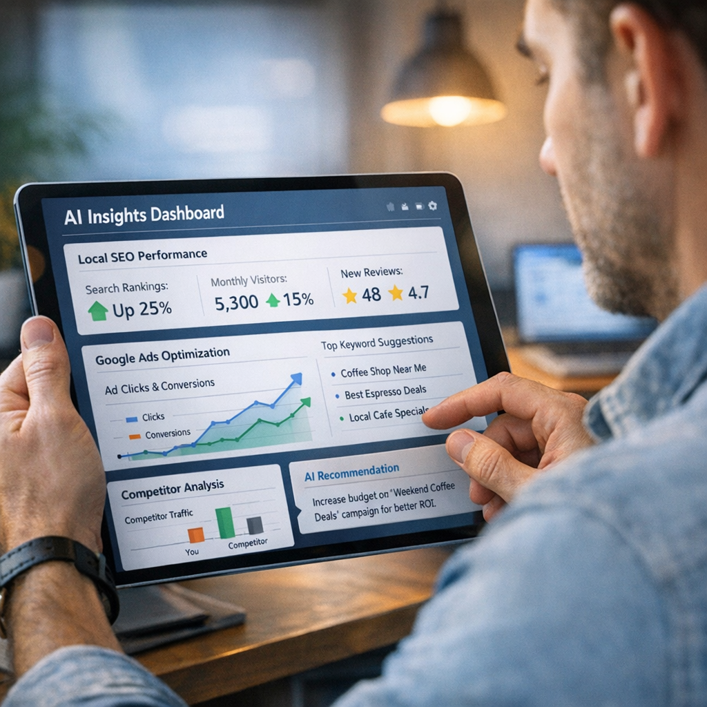 Photorealistic in-content scene of a small business owner reviewing a dashboard with AI-generated insights on a tablet, mo...