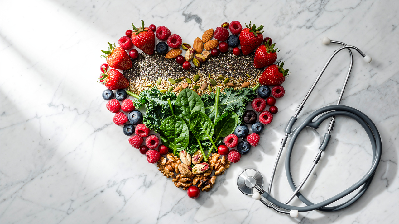 Heart-healthy foods and medical equipment arrangement
