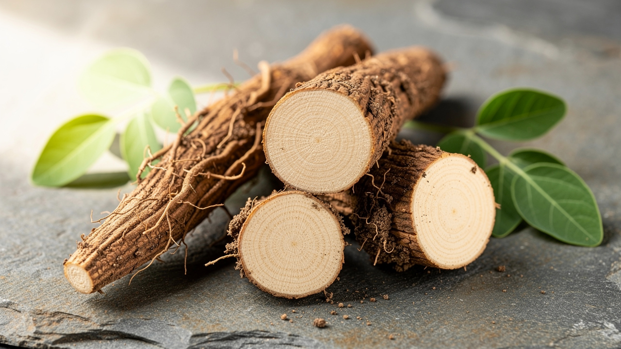 Fresh ashwagandha root with natural texture and leaves